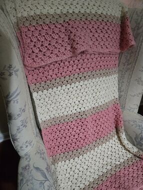 Handmade Crochet Throw Blanket in Pink, Cream & Taupe. Size 60 In By 43in